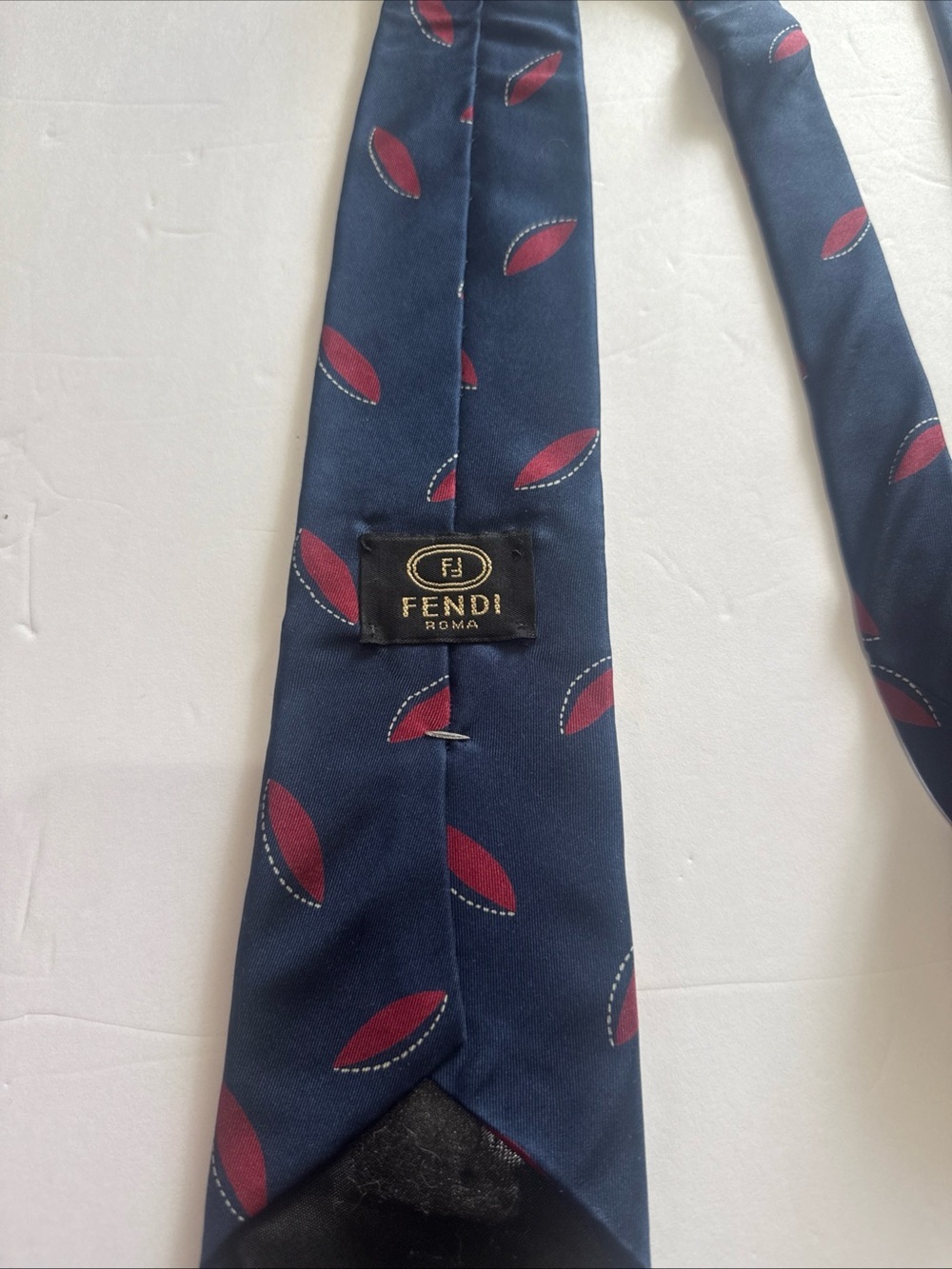 Fendi Navy Silk Tie with Red Leaf Motif